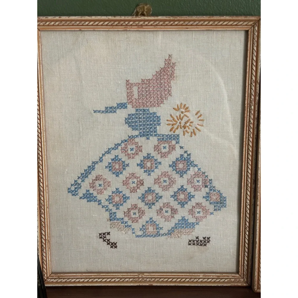 Vintage Sunbonnet Sue Cross Stitch Framed Set of 2 Folk Art Wall Decor